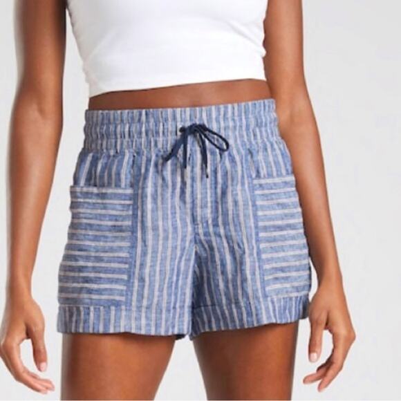 Athleta Pants - ATHLETA Cabo Tide Linen Shorts Blue White Striped Drawstring Size 4